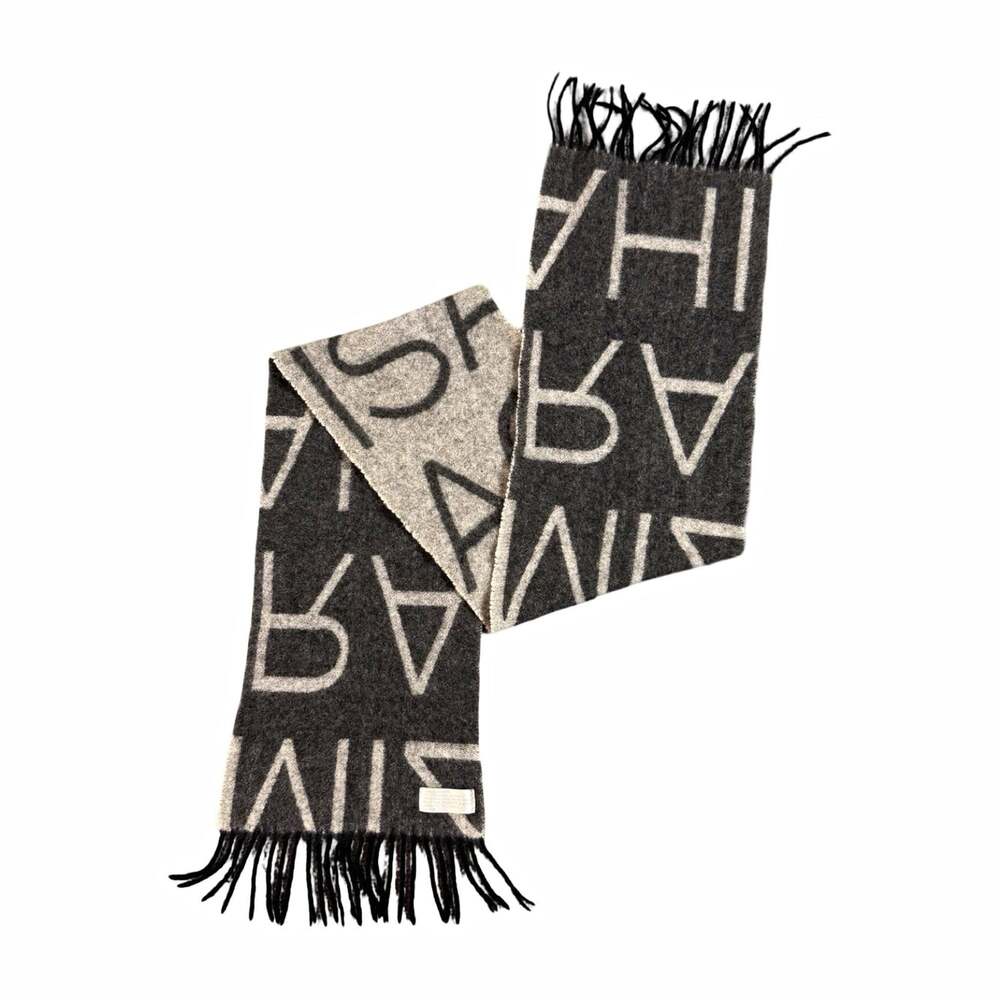 100% Cashmere Knit Black Gray Logo Rectangle Designer High End Scarf with Fringe